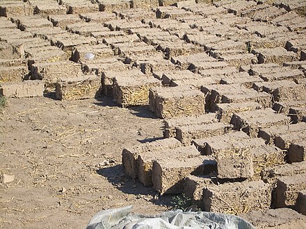 Adobe bricks near a construction site in Milyanfan, Kyrgyzstan