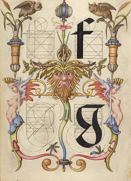 File:Mira calligraphiae monumenta (Model Book of Calligraphy) Joris Hoefnagel 1596 Ms. 20 (86.MV.527) fol. 143v Guide for Constructing the Letters f and g (Getty Museum).jpg