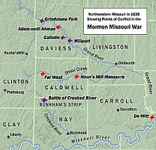 A map of Northwestern Missouri in 1838, showing points of conflict in the Mormon War. MormonWarMap1.jpg