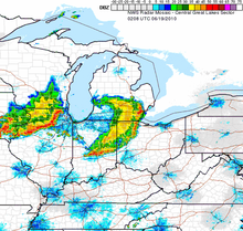 A NWS enhanced radar image of the two derechos in the Midwest on the night of June 18th, 2010. NWS Mosaic Radar June 18th, 2010.png