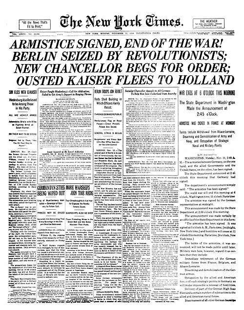 The New York Times uses an unusually large headline to announce the Armistice with Germany at the end of World War I.