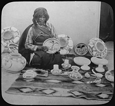 Nampeyo, Hopi potterymaker, with examples of her work (1900).