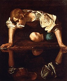 Narcissus by Caravaggio (1594-96) depicts Narcissus gazing at his own reflection demonstrating our fascination with our image as outlined by Lacan's mirror phase. Narcissus-Caravaggio (1594-96).jpg