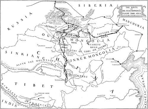 THE ROUTE OF DR. OSSENDOWSKI’S FLIGHT THRU ASIA APPROX. 12.7 MILES SCALE