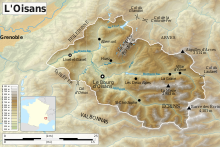 Carte topographique de l'Oisans et situation du Bourg-d'Oisans dans celui-ci.