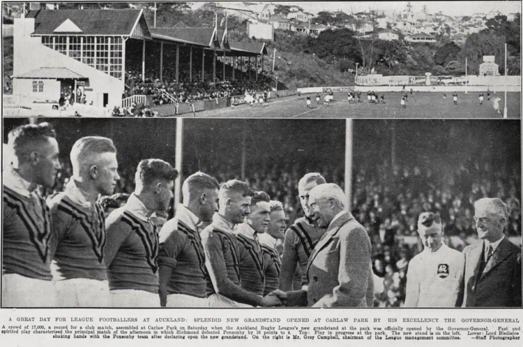 Opening of the new stand, Carlaw Park 1934.png
