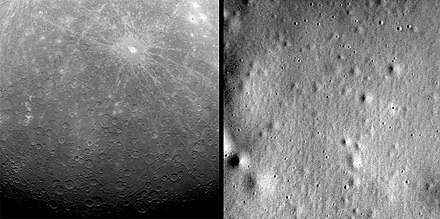 Fotografías en blanco y negro que muestran dos imágenes de la superficie de Mercurio.