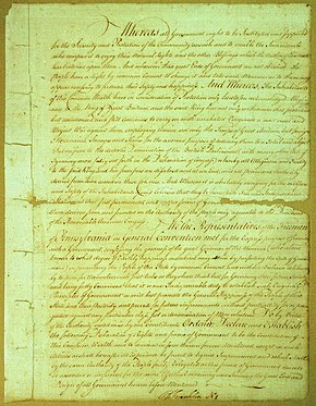 The Pennsylvania Constitution of 1776 provides for a Supreme Executive Council. Pennsylvania 1776 Constitution.jpg