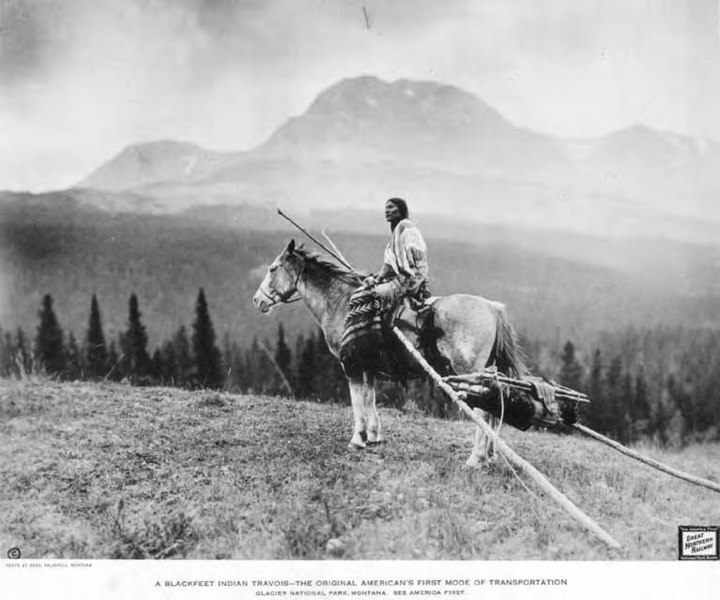 File:Piegan Blackfeet man on a horse with travois, Glacier National Park, Montana, between 1912 and 1915 (AL+CA 3438).jpg