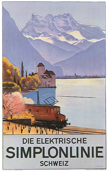 1928 poster, showing the line passing the Chateau du Chillon