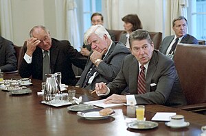 Reagan in the White House to discuss the Grenada situation with a bipartisan group of members of Congress, October 1983