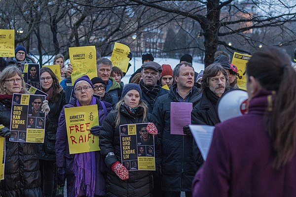 A group protests against the flogging of Badawi outside the Royal Embassy of Saudi Arabia in Oslo, Norway, 16 January 2015