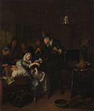 The Doctor's Visit label QS:Len,"The Doctor's Visit" label QS:Lpl,"Wizyta lekarza" label QS:Lnl,"Het doktersbezoek" 1696. oil on canvas medium QS:P186,Q296955;P186,Q12321255,P518,Q861259 . 47 × 40.5 cm (18.5 × 15.9 in). Rotterdam, Museum Boijmans Van Beuningen.