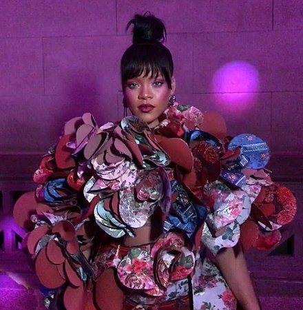 Rihanna modeling haute couture fashion at the 2017 Met Gala in Manhattan, representing the theme Rei Kawakubo/Comme des Garçons Art of the In-Between