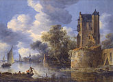 River landscape with a bastion label QS:Len,"River landscape with a bastion" label QS:Lpl,"Krajobraz rzeczny z bastionem" label QS:Lnl,"Rivierlandschap met bastion" oil on canvas medium QS:P186,Q296955;P186,Q12321255,P518,Q861259 . 98.2 × 133.5 cm (38.6 × 52.5 in). London, Sotheby's (9 December 2010).