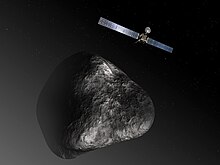 Artists' impression of Rosetta, a "cornerstone" mission of the Horizon 2000 program originally formulated in the 1980s. Rosetta at comet (11206655966).jpg