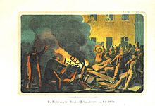 Barevná reprodukce grafiky, která zachycuje dav lidí před domem shromážděný kolem ohně, do něhož vhazují předměty