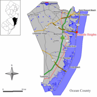 Location of Seaside Heights in Ocean County. Inset: Location of Ocean County in the State of New Jersey.