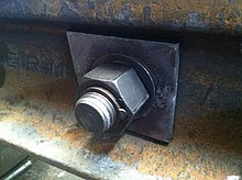 A hexagonal security locknut threaded onto a railroad track bolt. Security locknut.jpg