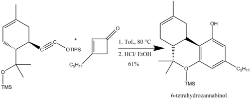 Scheme 17: Synthesis of D-6-tetrahydrocannabinol via a Benzannulatio Shceme17.png