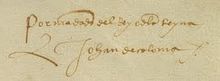 "Por mandado del Rey e de la Reyna Johan de Coloma" autograph on the Capitulacions de Santa Fe Signatura de Joan de Coloma.jpg