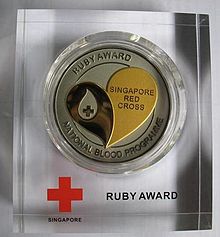 Ruby award from the Singapore Red Cross for 75 voluntary donations Singapore Red Cross National Blood Programme Ruby Award.jpg