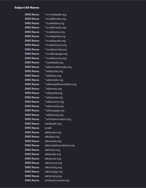 An example of a Subject Alternative Name section for domain names owned by the Wikimedia Foundation Subject Alt Names on Firefox 90 screenshot.png