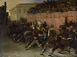 Riderless Racers at Rome by Theodore Gericault. From the mid-15th century until 1882, spring carnival in Rome closed with a horse race. Theodore Gericault - Riderless Racers at Rome - Walters 37189.jpg