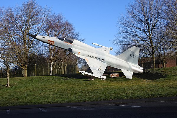 RAF Alconbury's gate guardian, a replica US Air Force F-5E Tiger II, seen during 2020