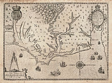 Chart of the coast of "Virginia" (including North Carolina) c. 1585-1586. Engraving by Theodor de Bry based on John White's designs The Carte of all the Coast of Virginia by Theodor de Bry 1585 1586.jpg