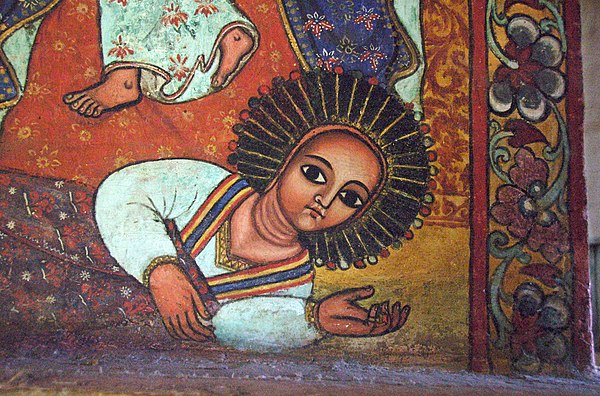Itege (Empress) Mentewab lying prostrate at Mary's feet at Nerga Selassie in Lake Tana, 1748.
