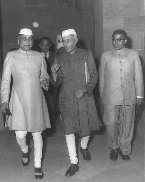 File:The Prime Minister leaving his room in Parliament to present the Budget, with him appears Shri Satya Narain Sinha, Minister for Parliamentary Affairs and Shri B.R. Bhagat, Dy. Minister of Finance, on February 28, 1958.jpg