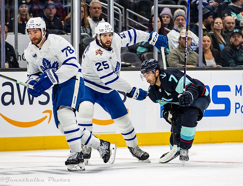 File:Toronto Maple Leafs at Seattle Kraken - 2024-01-21 - Jordan Eberle, Conor Timmins and T. J. Brodie (53481195364).jpg