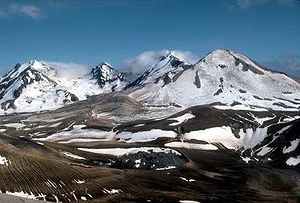 The three peaks of Trident Volcano seen from the top of Baked Mountain.