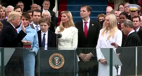 From left to right: Donald, Melania, Donald Jr., Barron, Ivanka, Eric, and Tiffany Trump Chief Justice John Roberts administers the oath of office dur