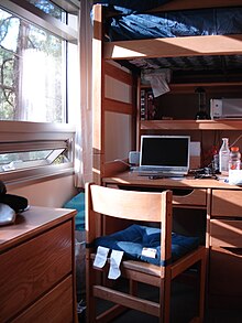 Desk and bed area of a plaza-style room in Hedrick Summit UCLA dorm room.JPG