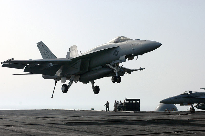 File:US Navy 070524-N-0890S-008 An F-A-18E Super Hornet assigned to the Tophatters of Strike Fighter Squadron (VFA) 14 lands on the flight deck of the nuclear-powered aircraft carrier USS Nimitz (CVN 68).jpg