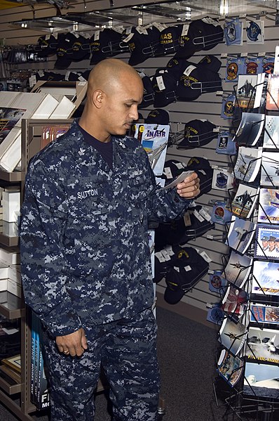 File:US Navy 081107-N-9999X-004 A Sailor wears the Navy working uniform (NWU) while shopping at the Naval Air Station Oceana Navy Exchange.jpg