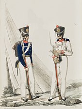 Uniformer för infanteriet och Västgöta regemente (till höger) cirka 1825.