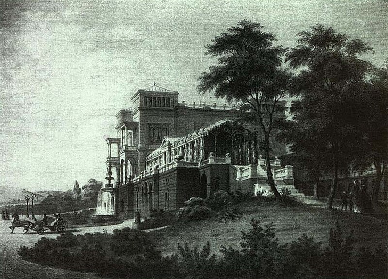 File:Villa Berg, Ostfassade mit Nymphenbrunnen, 1853.jpg