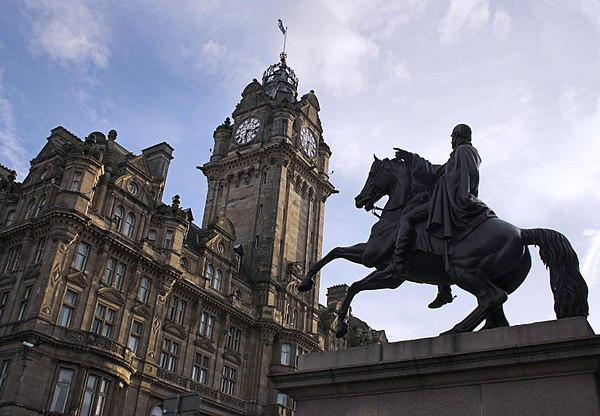 North elevation, seen across Princes Street past the Iron Duke of Wellington in bronze by John Steell