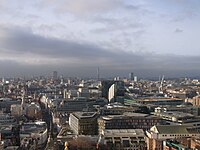 Looking towards the West End from St Paul's Cathedral, December 2019. Shown here from left to right are the London Hilton, completed in 1963, Centre Point, completed in 1966, the BT Tower, completed in 1964 and Euston Tower, completed in 1970.