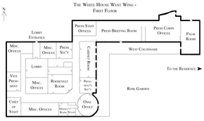 Plan of the first (ground) floor of the White House; the Cabinet Room is visible at center. White House West Wing - 1st Floor.png