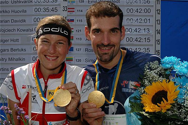 Simone Niggli-Luder and Frenchman Thierry Gueorgiou, middle distance gold medalists, World Orienteering Championships 2007