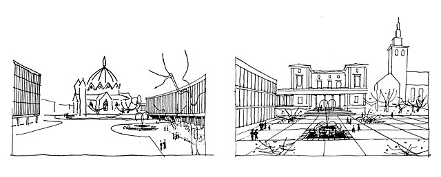 Early concept design sketches by the architect Erling Viksjø, exploring the relationships between existing and proposed new buildings