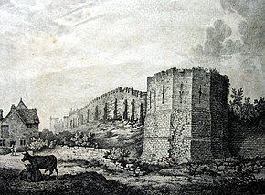 An illustration from 1807 during the reign of King George III showing the Multangular Tower and the city walls York city walls in 1807 showing the Multangular Tower.jpg