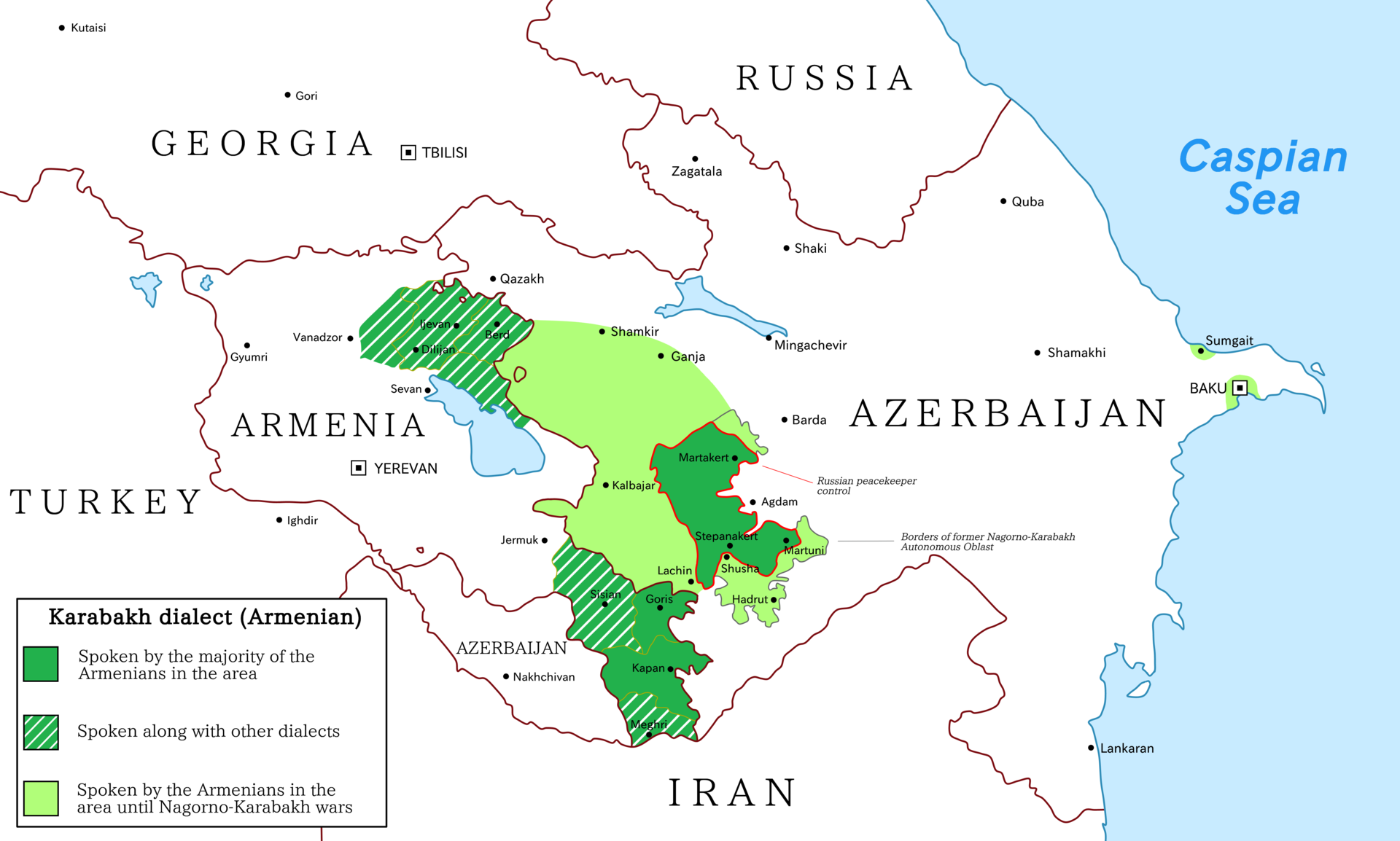 The spread of the Karabakh dialect (Map: Wikimedia Commons)
