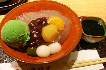 With matcha ice cream, azuki bean paste, and dango