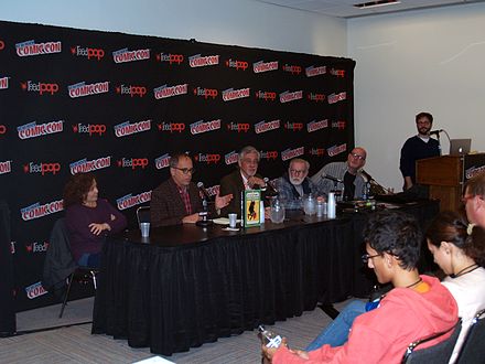 Discussion panel on Jungle Book at the 2014 New York Comic Con.  From left to right are Kurtzman's daughter, Nellie, David Hajdu, Denis Kitchen, Jay Lynch, John Holmstrom, and Bill Kartalopoulos.