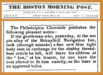 A newspaper clipping from 1833, in which a tailor whose coat was stolen from a bowling alley advertises an offer to alter the coat to fit the thief 18330518 PAGE Ten pin alley - Philadelphia - The Boston Morning Post.png
